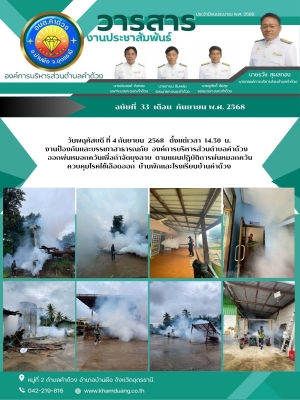 ออกพ่นหมอกควันเพื่อกำจัดยุงลาย ตามแผนปฏิบัติการพ่นหมอกควันควบคุมโรคไข้เลือดออก บ้านพักและโรงเรียนบ้านคำด้วง